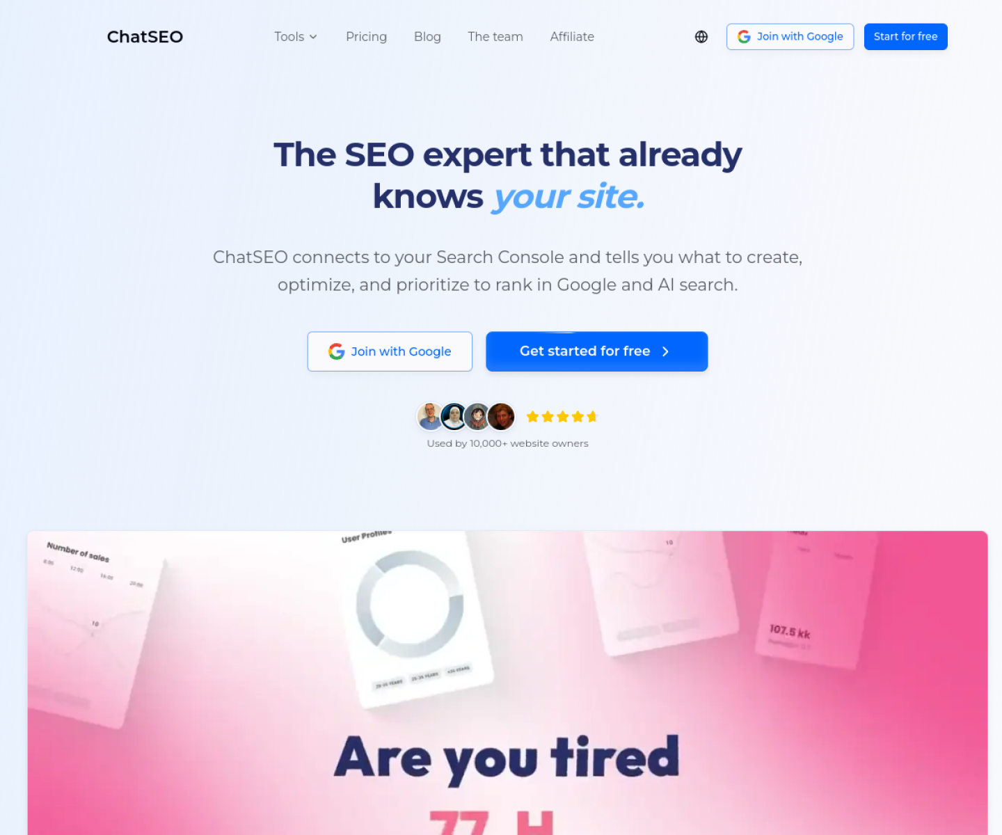 Screenshot of the ChatSEO homepage: the SEO assistant connected to your Google Search Console