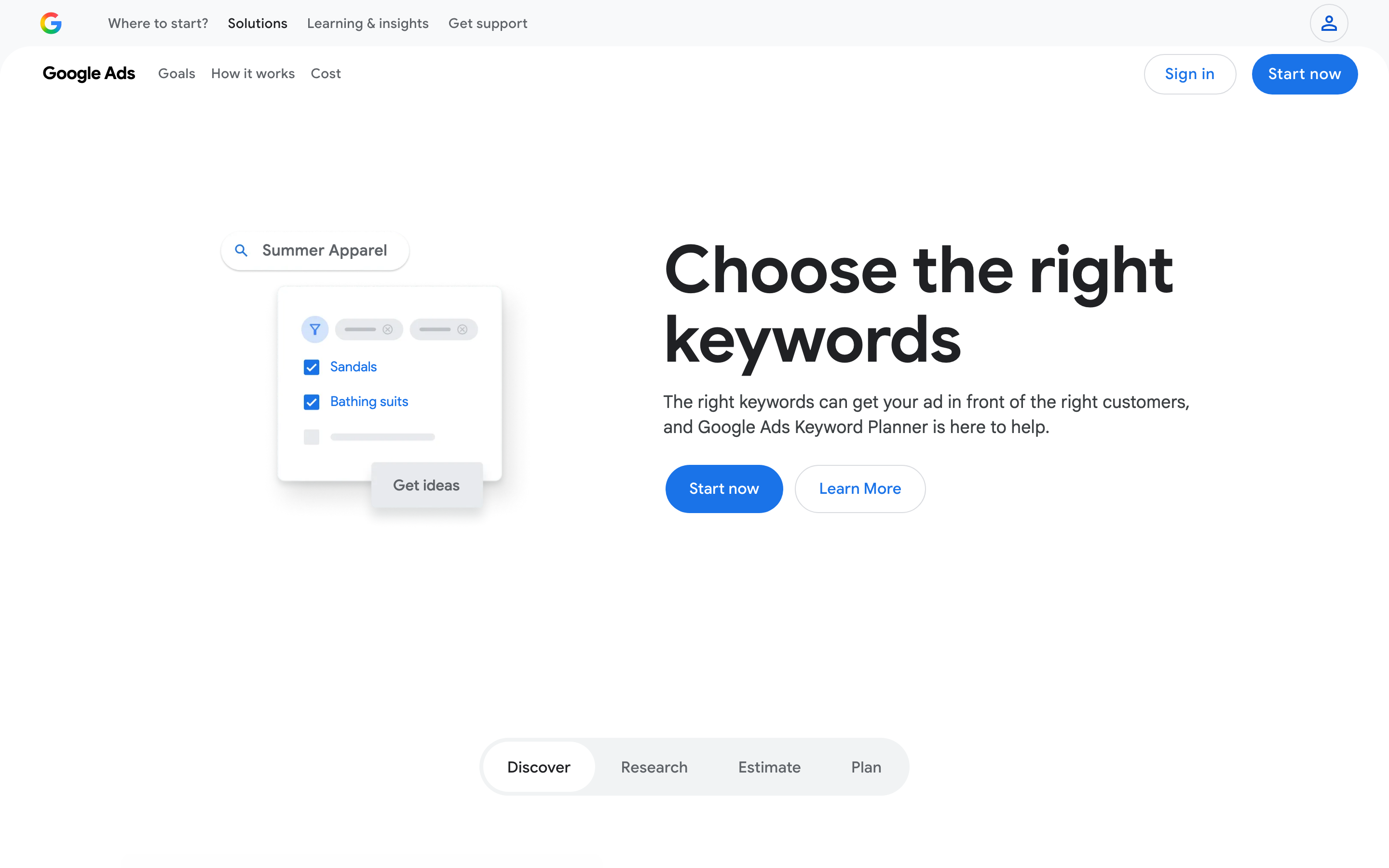 Page d'accueil de Google Keyword Planner
